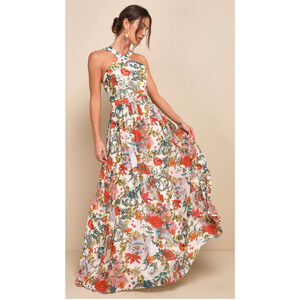 Lulus Lilja Cream Floral Maxi Dress Wedding Sleeveless Halter Women's XS NWT